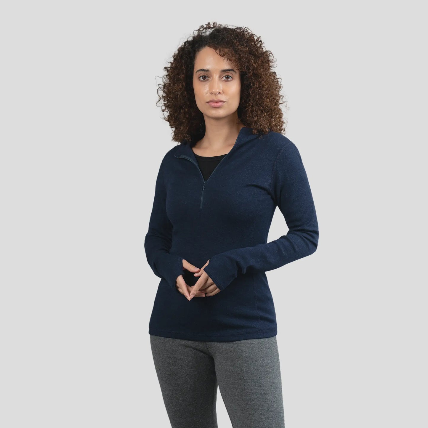  womens high performance baselayer hoodie halfzip color navy blue